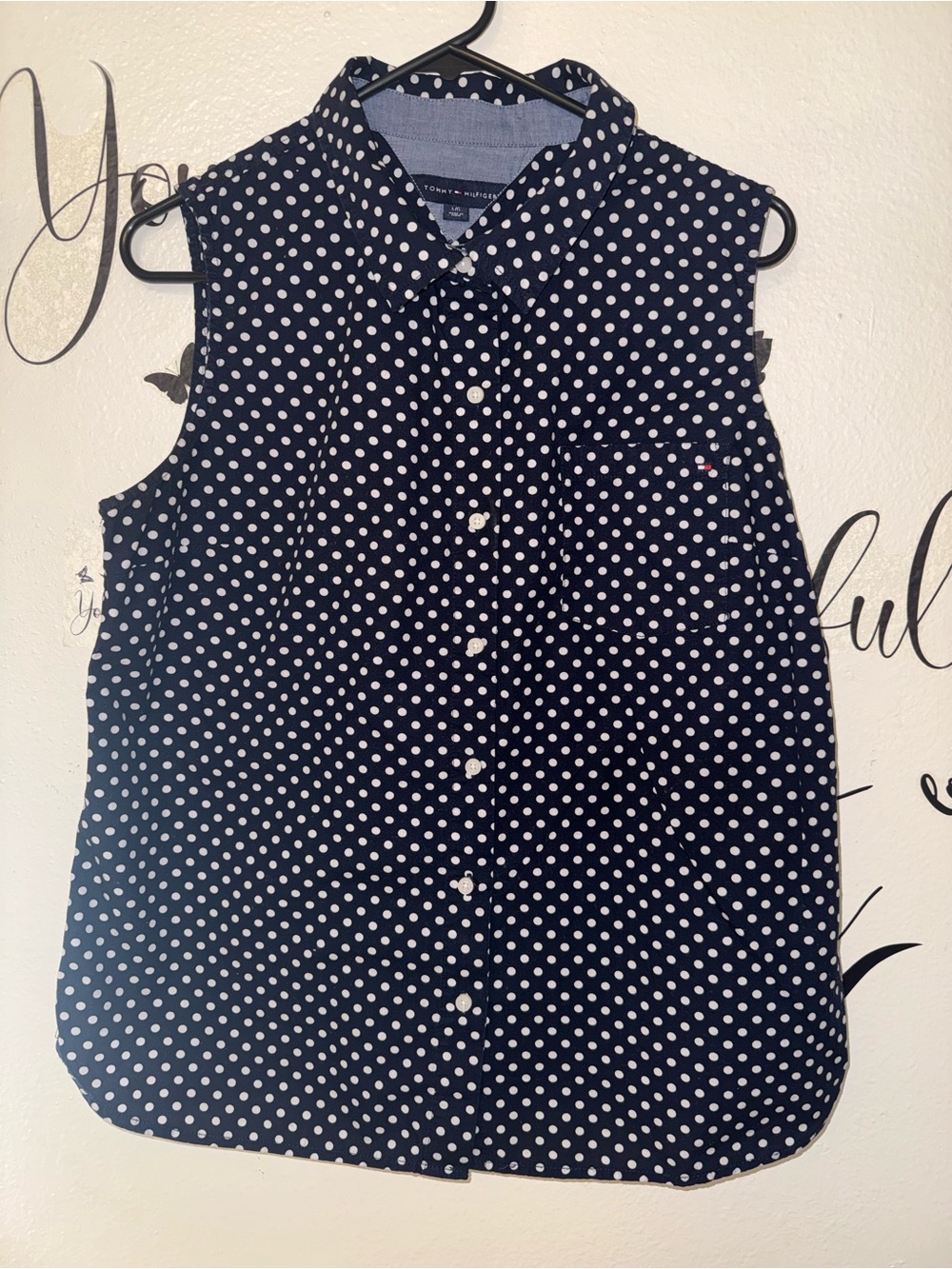 Tommy Hilfiger Navy and White Polka Dot Blouse. Size L